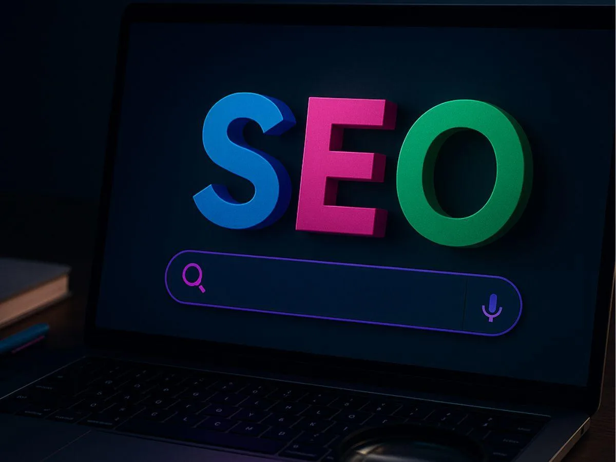 Ilustração com as letras SEO em destaque colorido na tela de um notebook, representando otimização de sites.