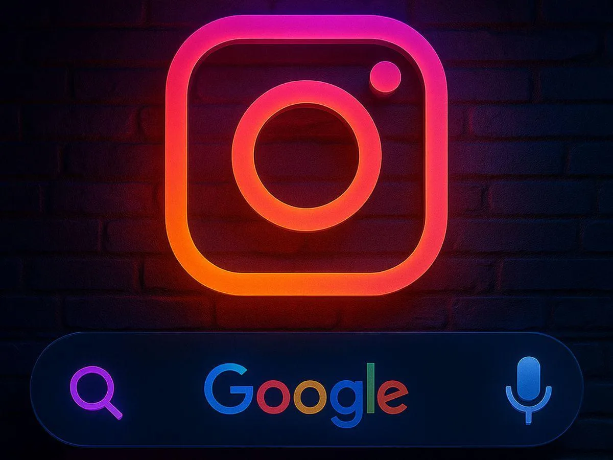 Ícone do Instagram iluminado com barra de busca do Google em destaque